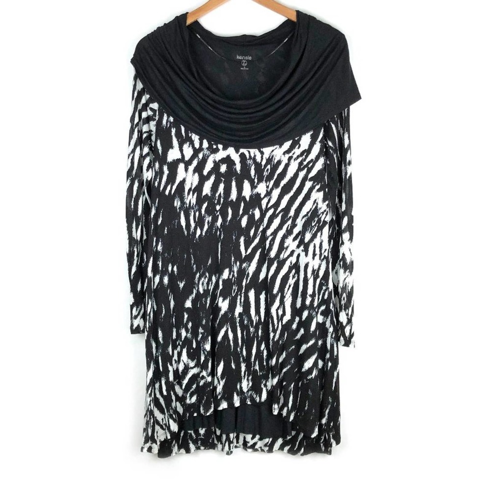 Kensie Sweater Dress Black White Jersey Cowl Neck Long Sleeve Knee Length L